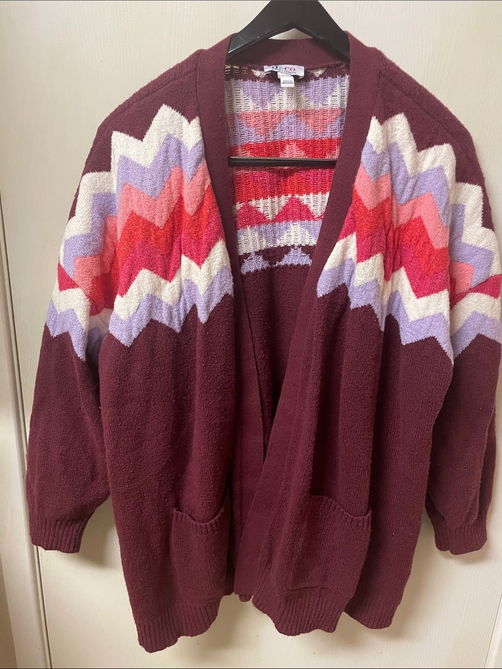 Open-Front Burgundy Chevron Cardigan Sweater
